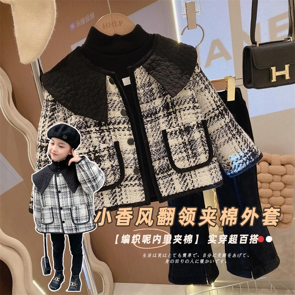 女童小香风翻领夹棉保暖百搭气质短款外套2025春季新款WE661鱼