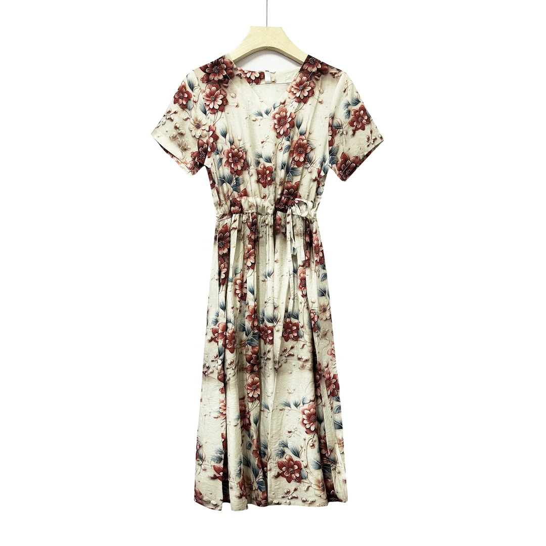 夏日风情！女士夏季时尚碎花收腰系带减龄连衣裙F515