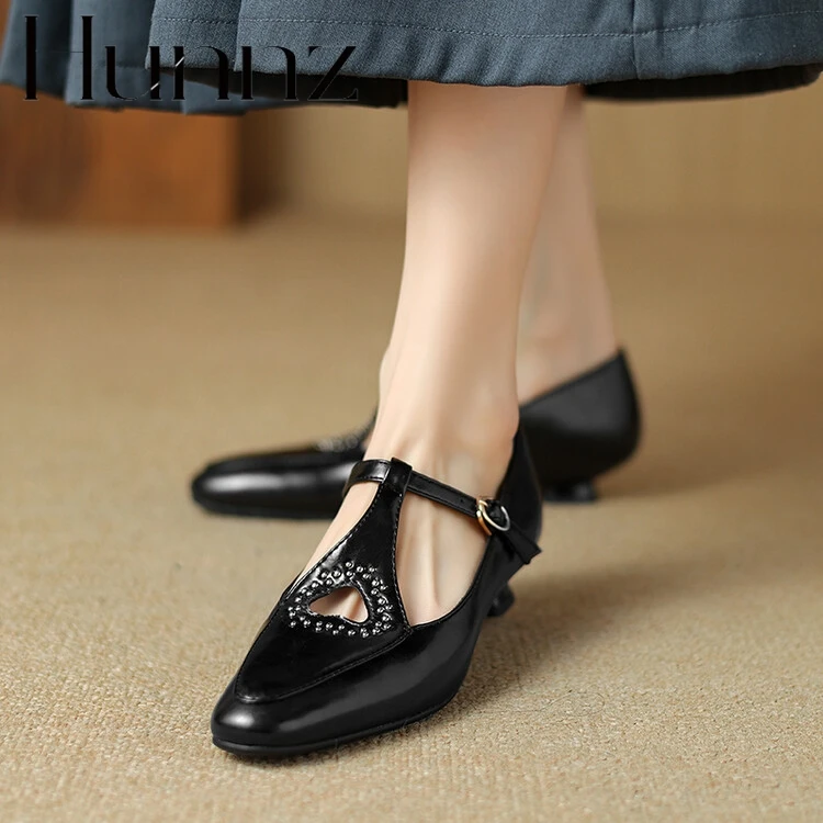 hunnz玛丽珍单鞋女2025春款复古百搭t字带猫跟小皮鞋4143