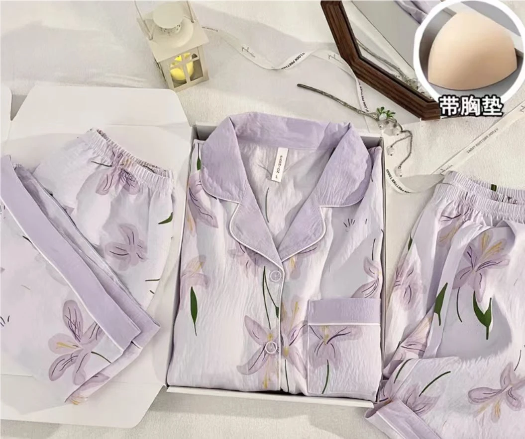 2025新款专柜短袖胸垫款三件套舒适印花女士夏季睡衣家居服1009