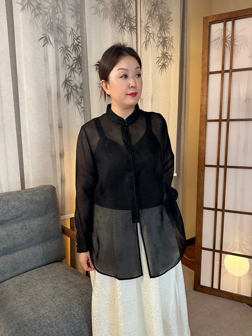 真丝复古新中式宽松设计师衬衫女长袖时尚气质国风通勤衬衣上衣