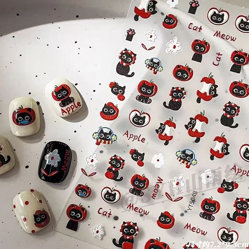 清新波点小黑猫美甲贴纸彩绘卡通可爱猫咪花朵背胶立体浮雕贴纸