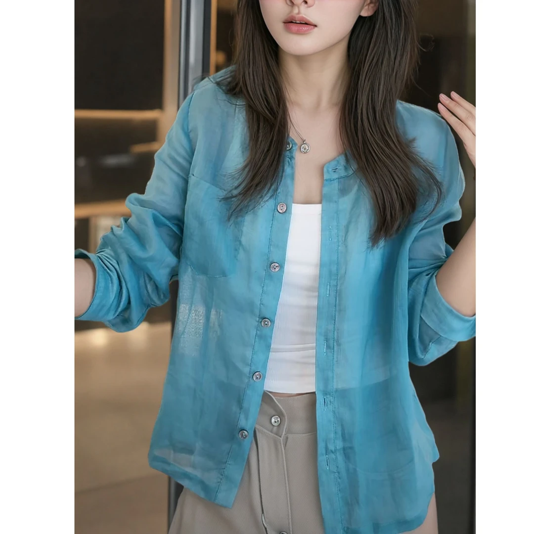 港风气质纯色百搭苎麻衬衣2025夏季新款洋气显白显瘦长袖衬衫女