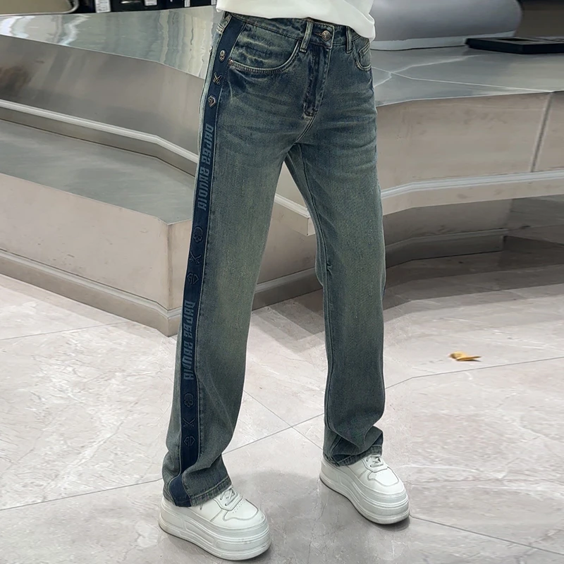 【华尔街名品】欧货侧条纹字母水洗拼色雅痞风高端直筒牛仔裤-6669