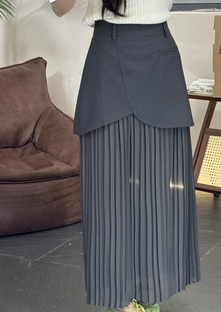 9963#通勤风长裙高腰褶皱百褶裙半身裙不规则气质裙子夏季短裙