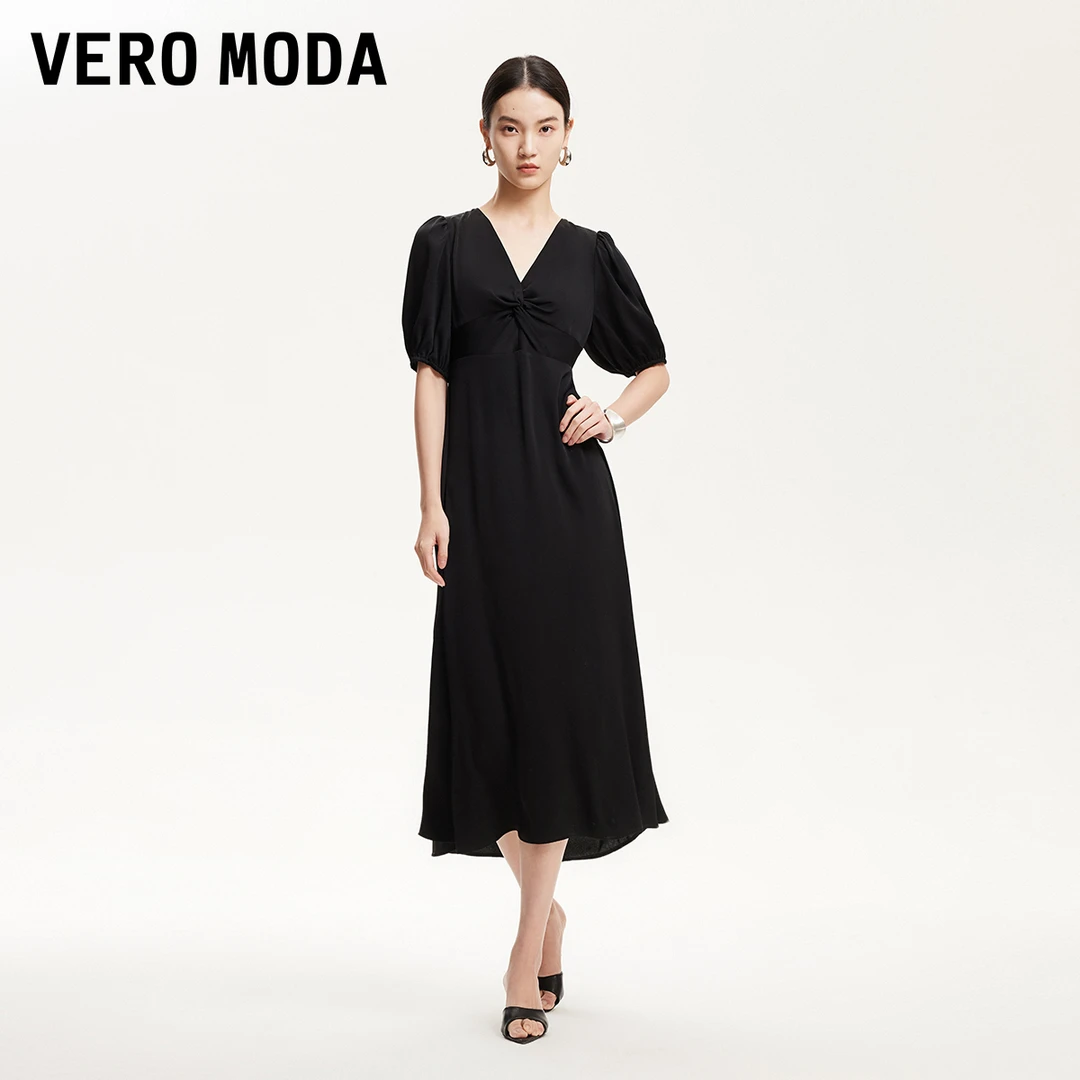 Vero Moda连衣裙25春季新款V领胸部扭结设计泡泡袖长裙轻奢松弛感