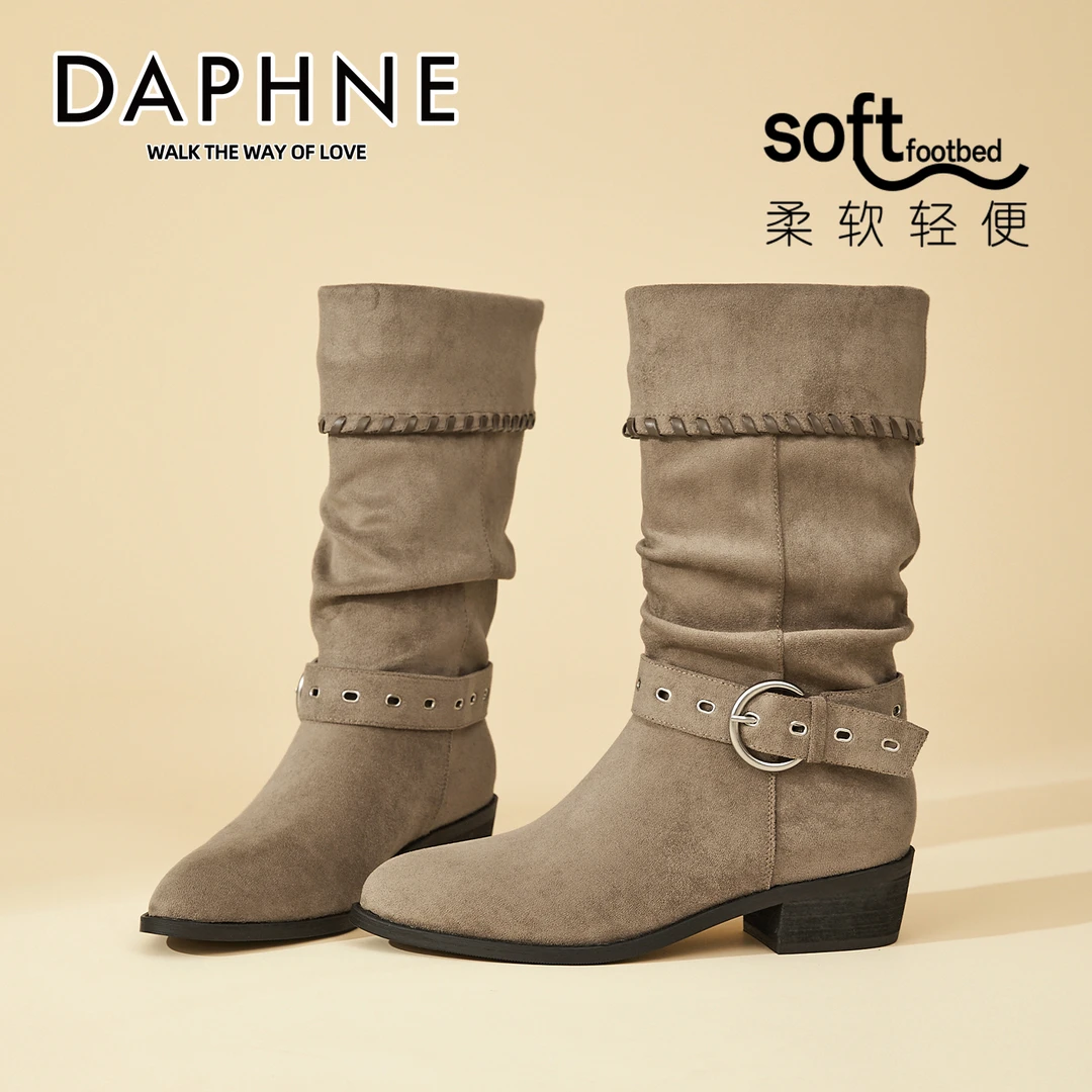 达芙妮美拉德褶皱堆堆靴女中筒显瘦女靴子西部牛仔复古尖头骑士靴