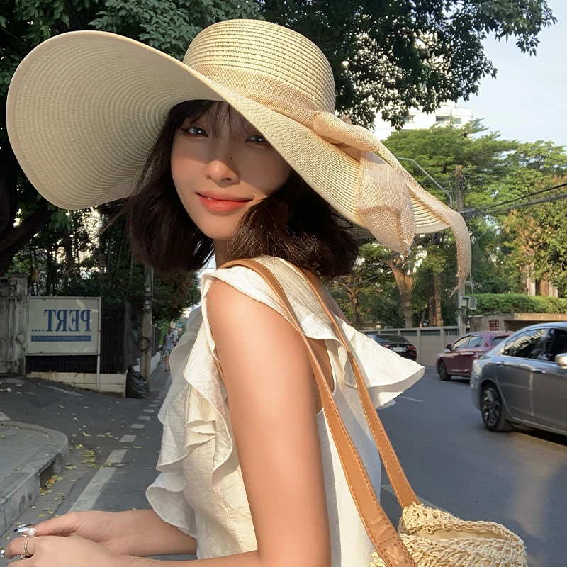 赫本风度假帽子女夏季大帽檐拍照防紫外线草帽出游防晒遮阳帽