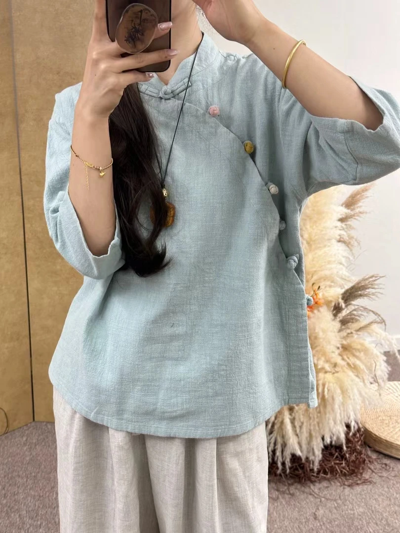 椿和【槿色】夏季亚麻中袖衬衫女宽松亚麻新中式盘扣茶服上衣长66