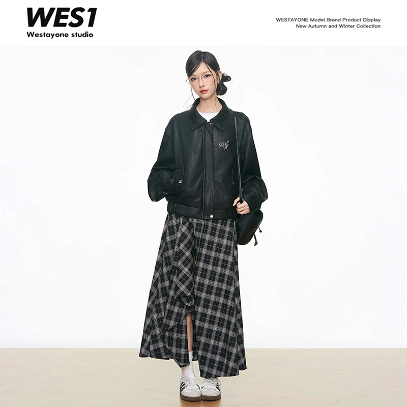 8.10新品 WESTAYONE 短款黑色皮衣外套女2025新款+开衩格纹长裙