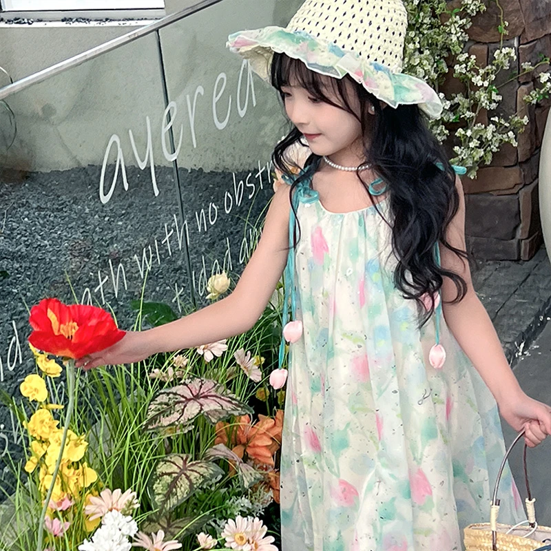 女童沙滩裙2025新款儿童吊带裙夏季公主裙子薄洋气大童雪纺连衣裙