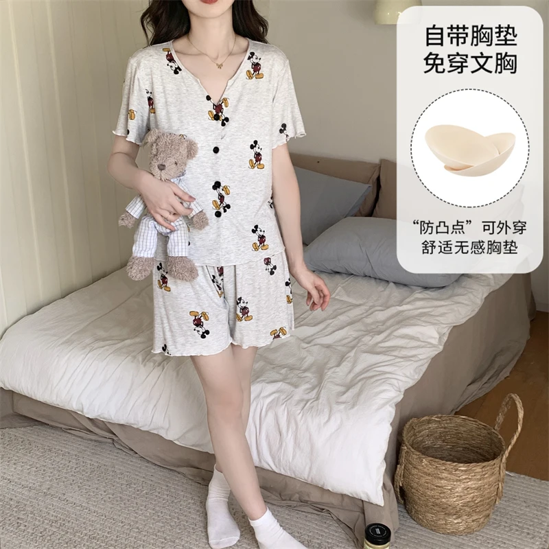 2025新款米奇睡衣女带胸垫夏季短袖开衫可爱卡通家居服套装外穿