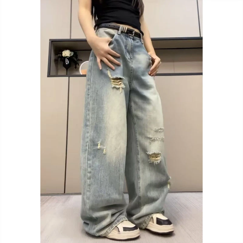 艾塔莉破洞阔腿裤女夏季新款胖妹妹百搭香蕉裤显瘦大码宽松牛仔裤