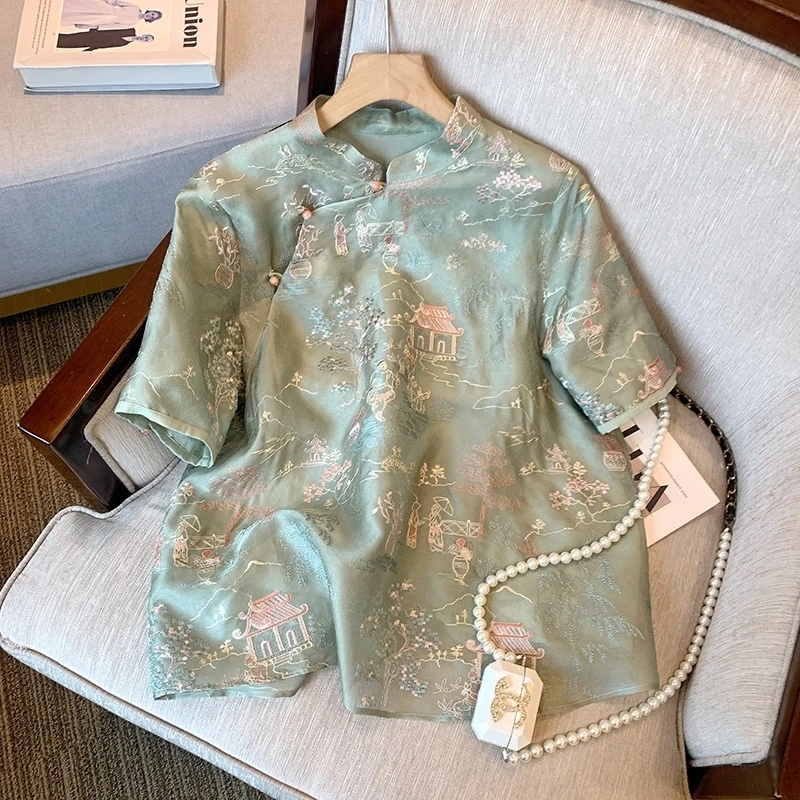 国风新中式女装夏季女士短袖刺绣盘扣宽松显瘦气质衬衫复古上衣潮