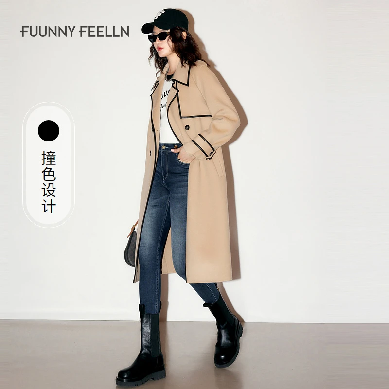 仿佛冬季毛呢大衣女外套撞色设计感秋冬中长款FL00304气质时尚