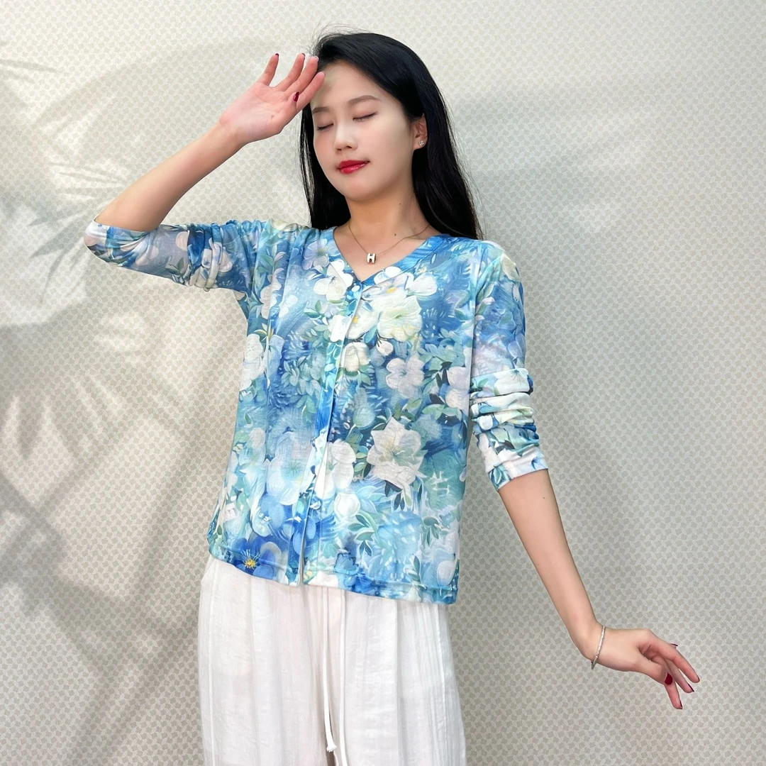 夏季热卖新款2025设计感轻薄气质印花开衫女花色长袖