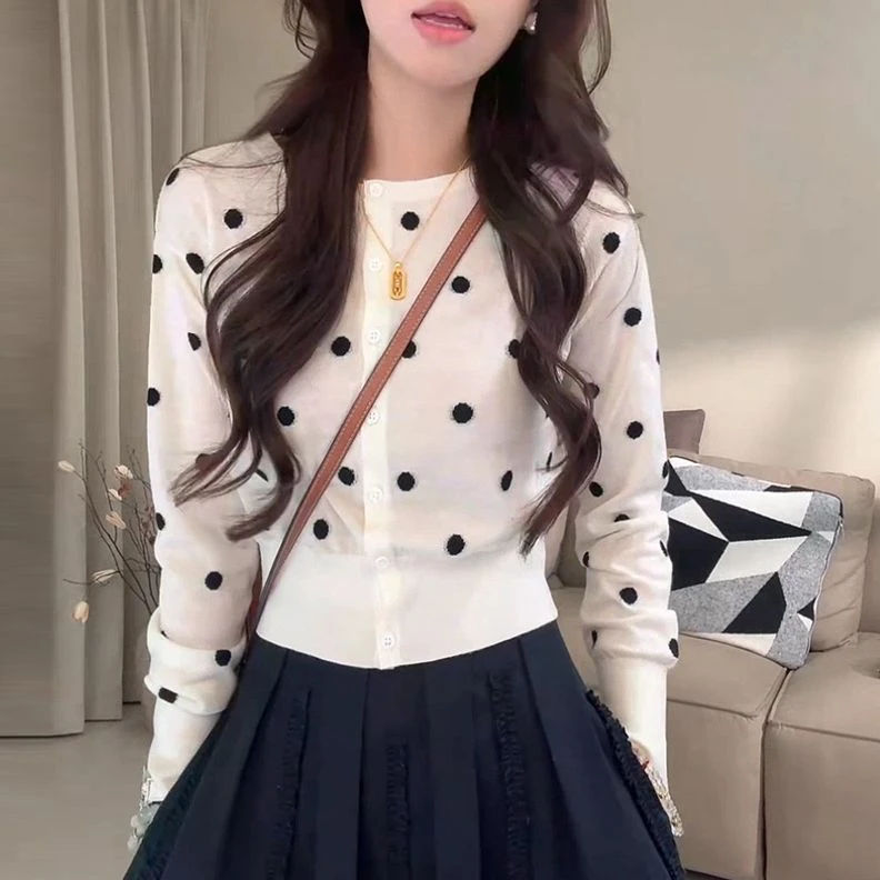 欧货时髦撞色波点圆领针织开衫女时尚气质百搭修身显瘦长袖上衣