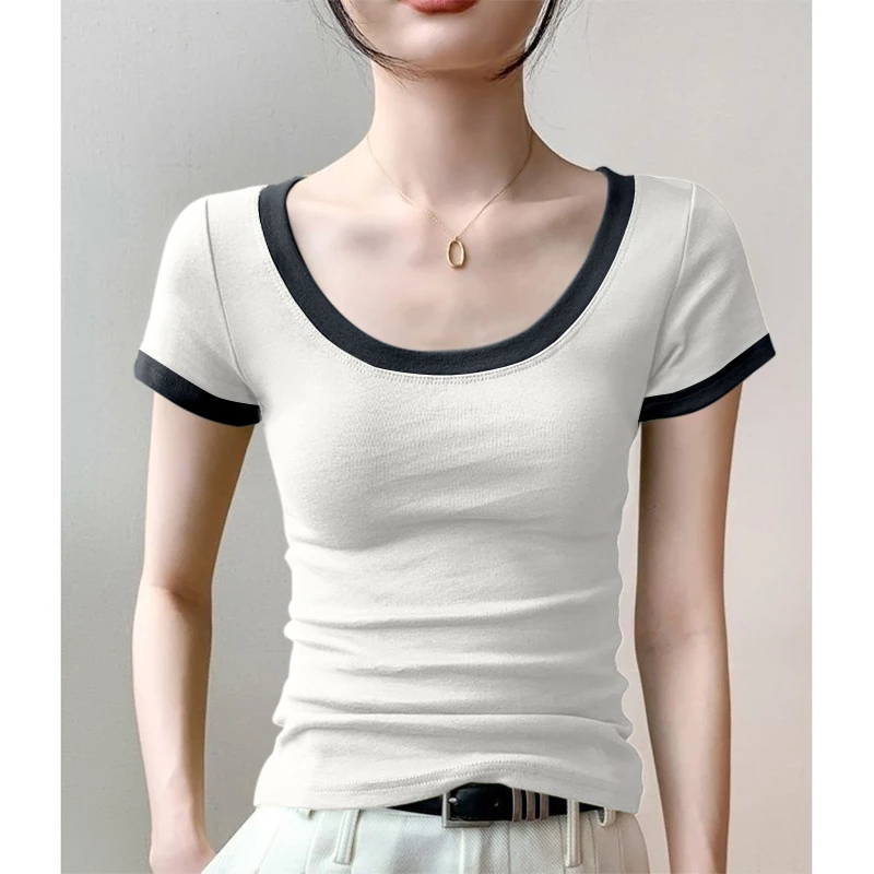 夏季新款U领拼色宽松大码显瘦螺纹条纹短袖T恤女百搭圆领打底上衣