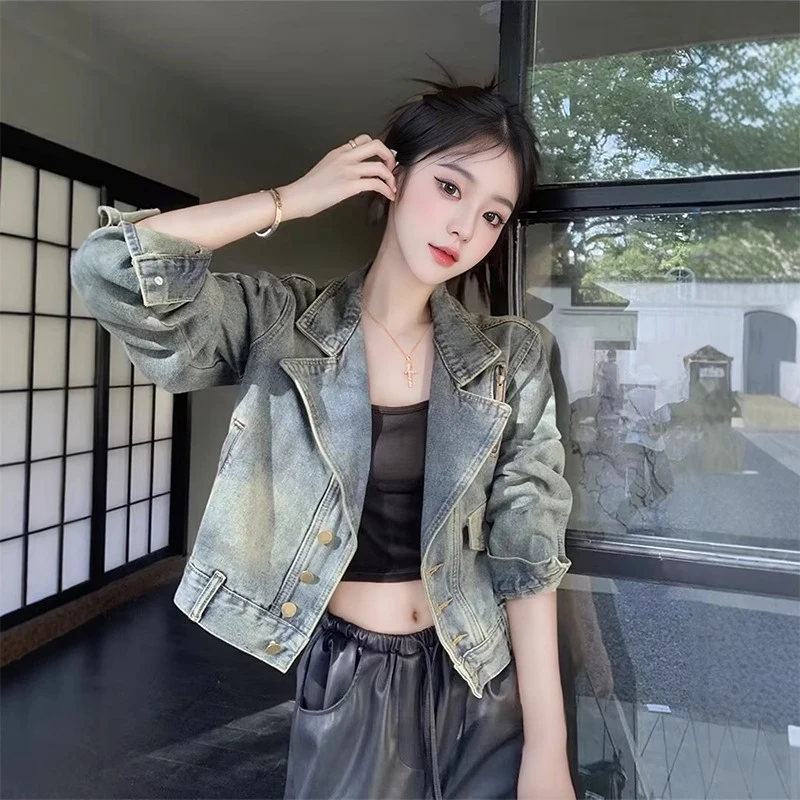 港风复古牛仔短外套女春秋新款潮流长袖上衣时尚休闲百搭机车夹克