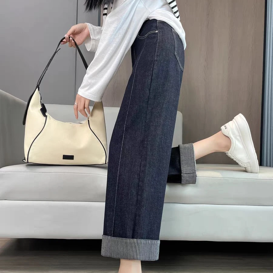 1932高腰直筒深蓝色翻边阔腿牛仔裤女秋季新款百搭