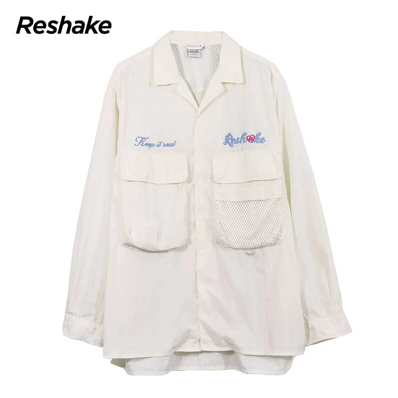 RESHAKE/后型格翻领长袖刺绣长袖衬衫梭织潮流衬衣外套春夏宽松