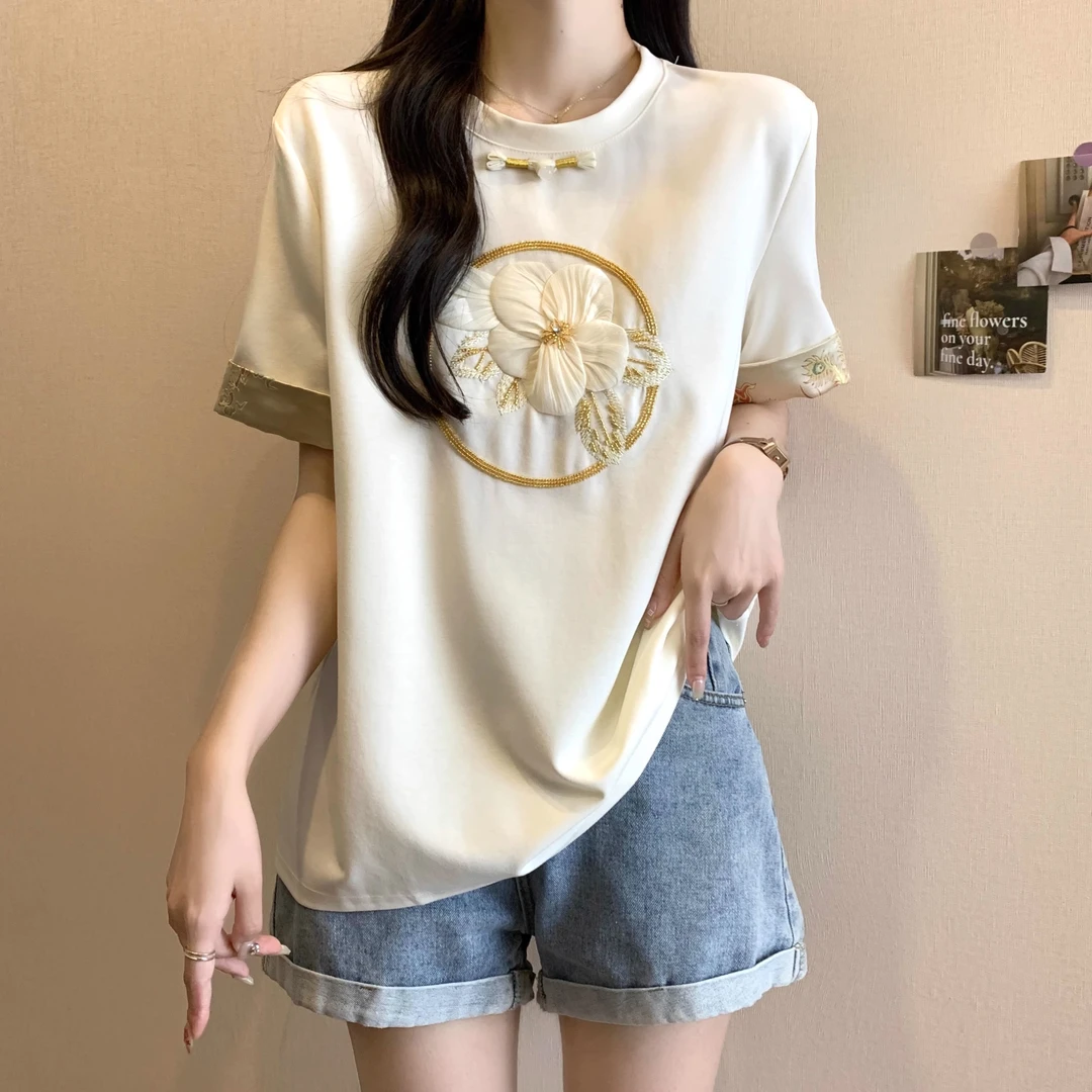 大码女装新中式正肩短袖t恤夏季胖mm显瘦高级感独特国风刺绣上衣