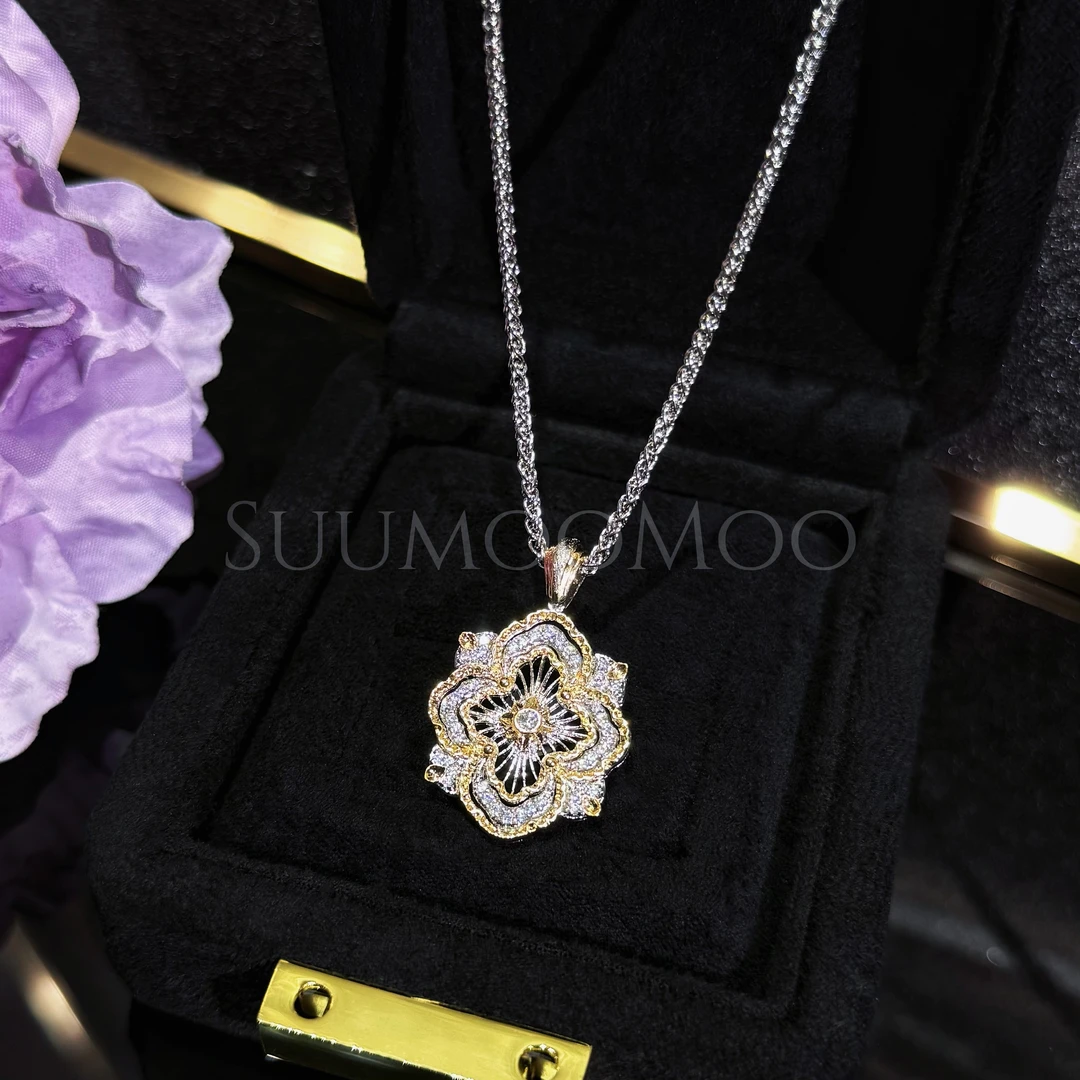 铜合金合成锆石项链 意大利时尚复古饰品镂空小众白色菱形花项链