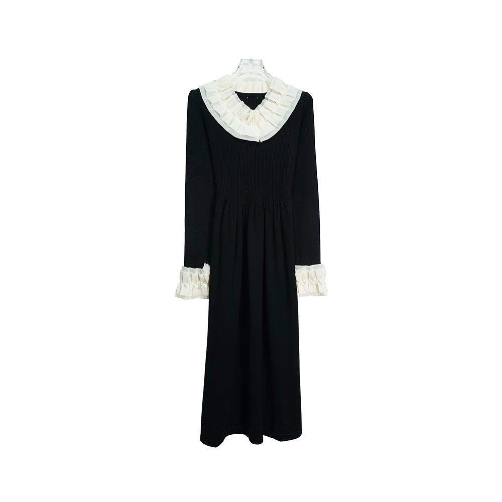 X24692【上新】法式宫廷风钉珠花边领复古轻奢高级感加厚连衣裙3D