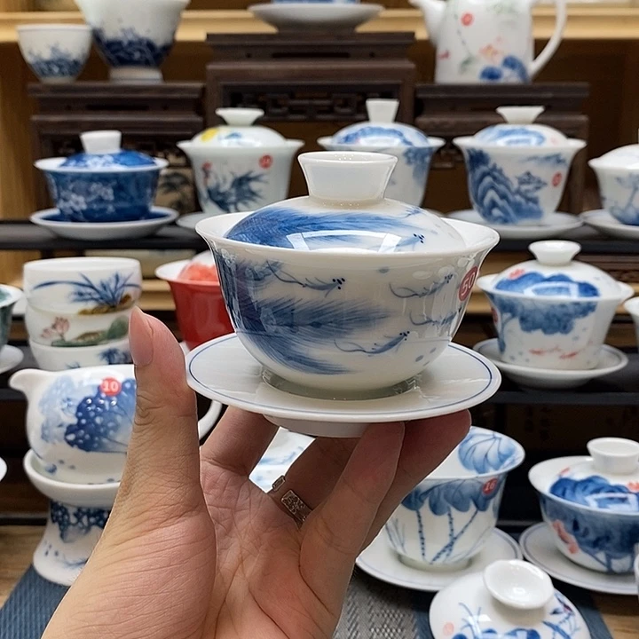 手绘小鱼孔雀盖碗130釉下彩高温瓷微瑕福利款