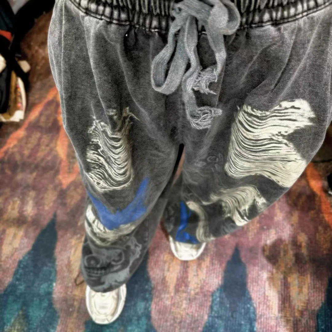 个性宽松运动潮流松紧腰黑色水洗长裤