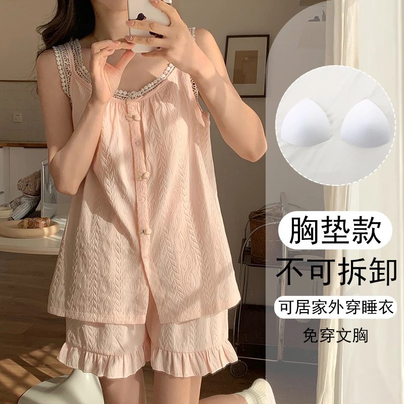 可外出睡衣女夏天带胸垫大码短袖家居服2025年新款高颜值吊带
