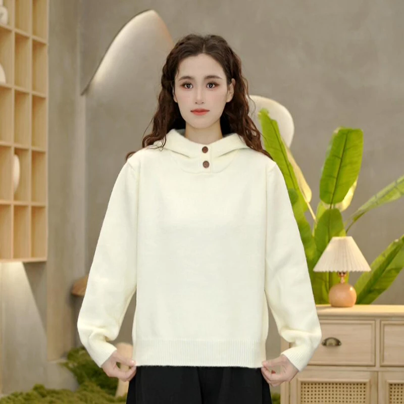 2202半高领连帽毛衣女秋冬季新款加厚慵懒风宽松针织衫软糯上衣女