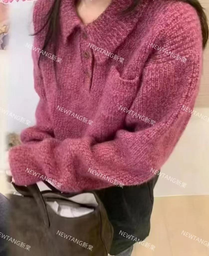 【雪国少女】17减龄超好看树莓色Polo领毛衣上衣羊百搭宽松甜美毛衣