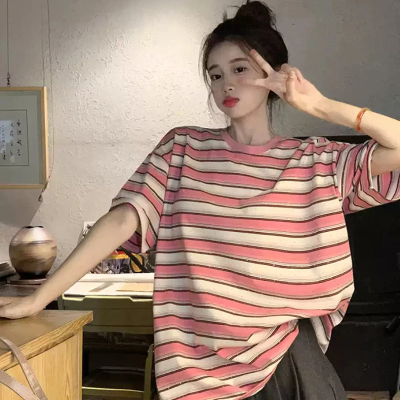 条纹大版短袖t恤女夏2025新款爆款百搭漂亮宽松中长款遮屁股上衣