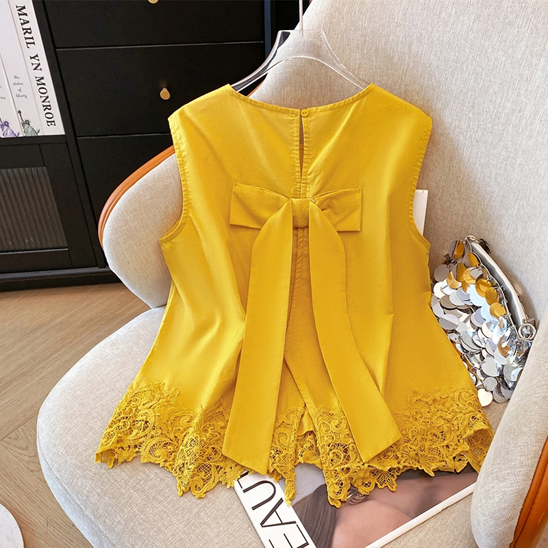 高级感减龄蝴蝶结蕾丝拼接无袖背心外穿网红纯欲出游服装女