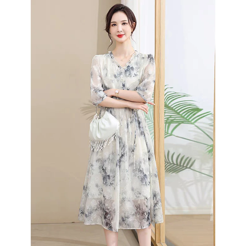 墨影晕染剪花气质时尚夏季水墨桑蚕丝洋气定制连衣裙#558