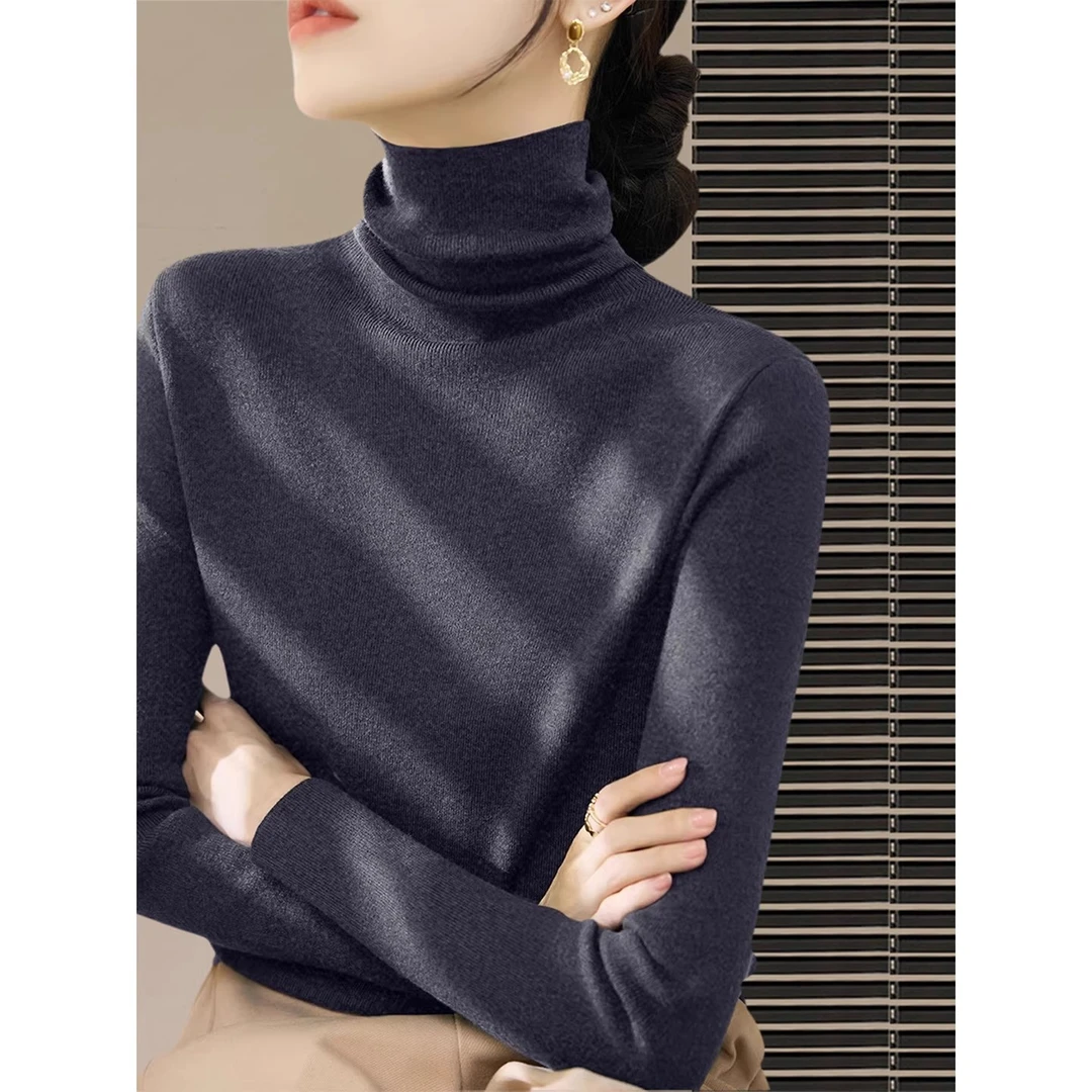 高级灰堆堆领针织打底衫女秋冬新款修身内搭长袖高领毛衣气质上衣