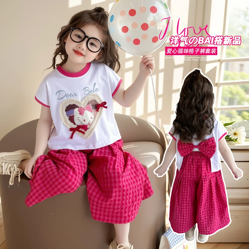 女小童2025夏季新款时髦洋气爱心猫咪格子裤休闲两件套