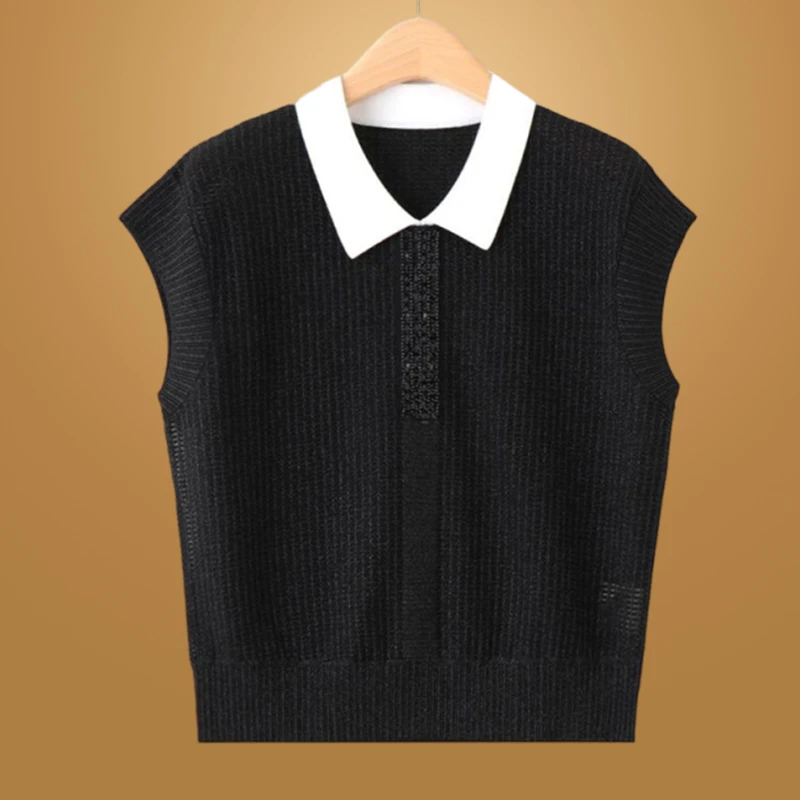 夏季新款2025爆款黑白撞色韩版针织短袖女减龄洋气POLO领套头短袖