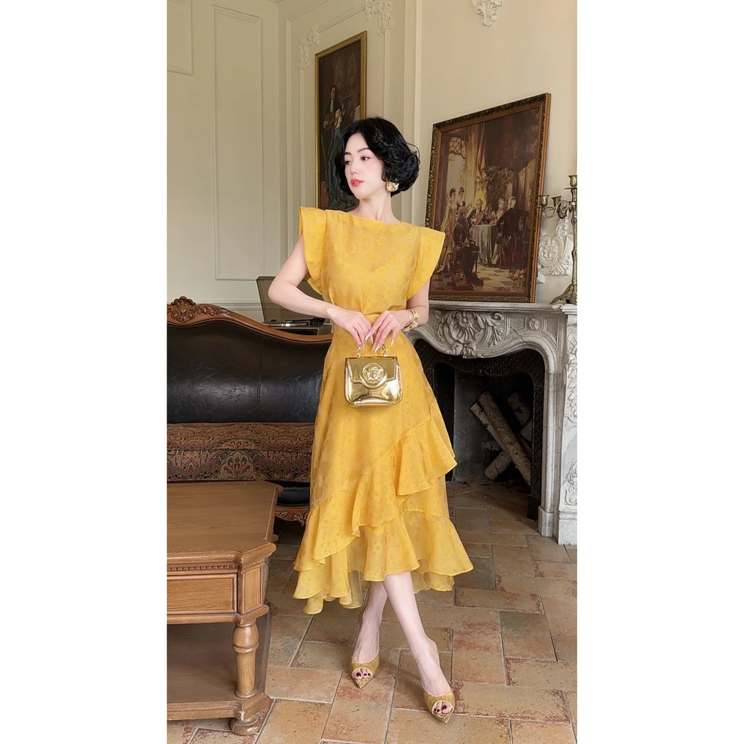 LYXJ【索莉罗黄玫瑰】夏季提花黄色气质收腰套装11281