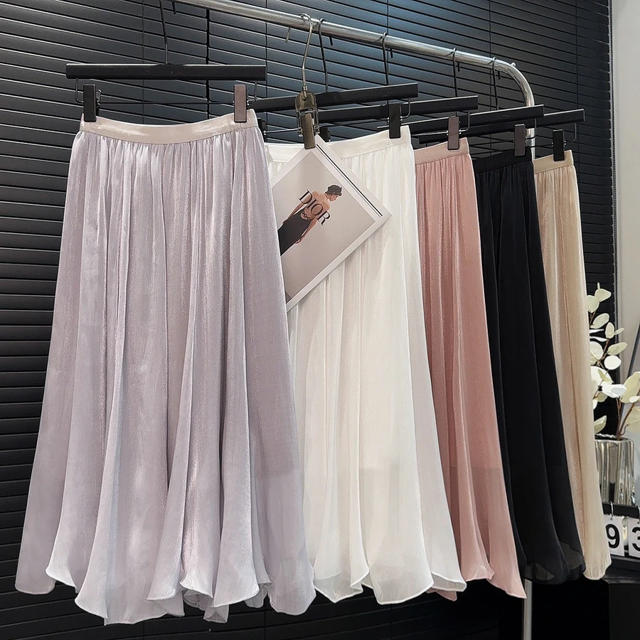 高级感流光网纱裙高腰a字半身裙夏季新款雪纺洋气质显瘦大摆伞裙