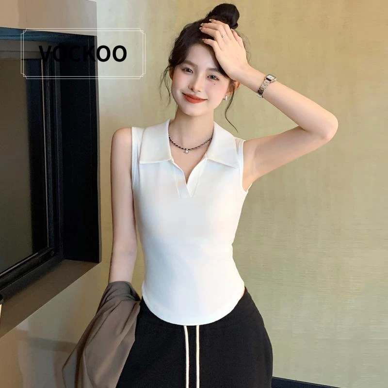 VOCKOO螺纹白色POLO领背心女夏外穿弧形下摆无袖t恤内搭设计感打