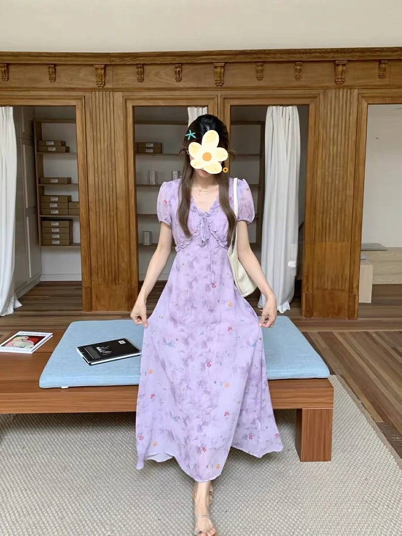 仙女超仙晕染碎花法式茶歇裙夏季新款气质绝美木耳边紫色收腰长裙