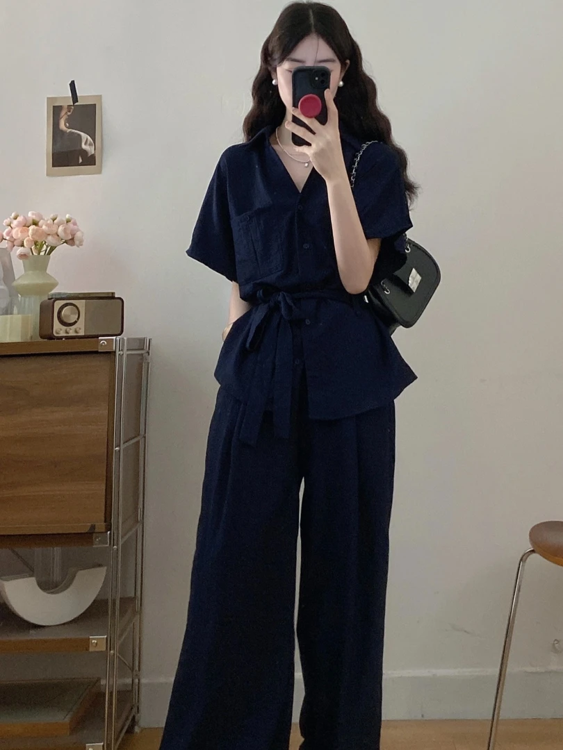 韩系短袖衬衫套装女夏季新款轻熟风通勤宽松阔腿拖地裤休闲两件套