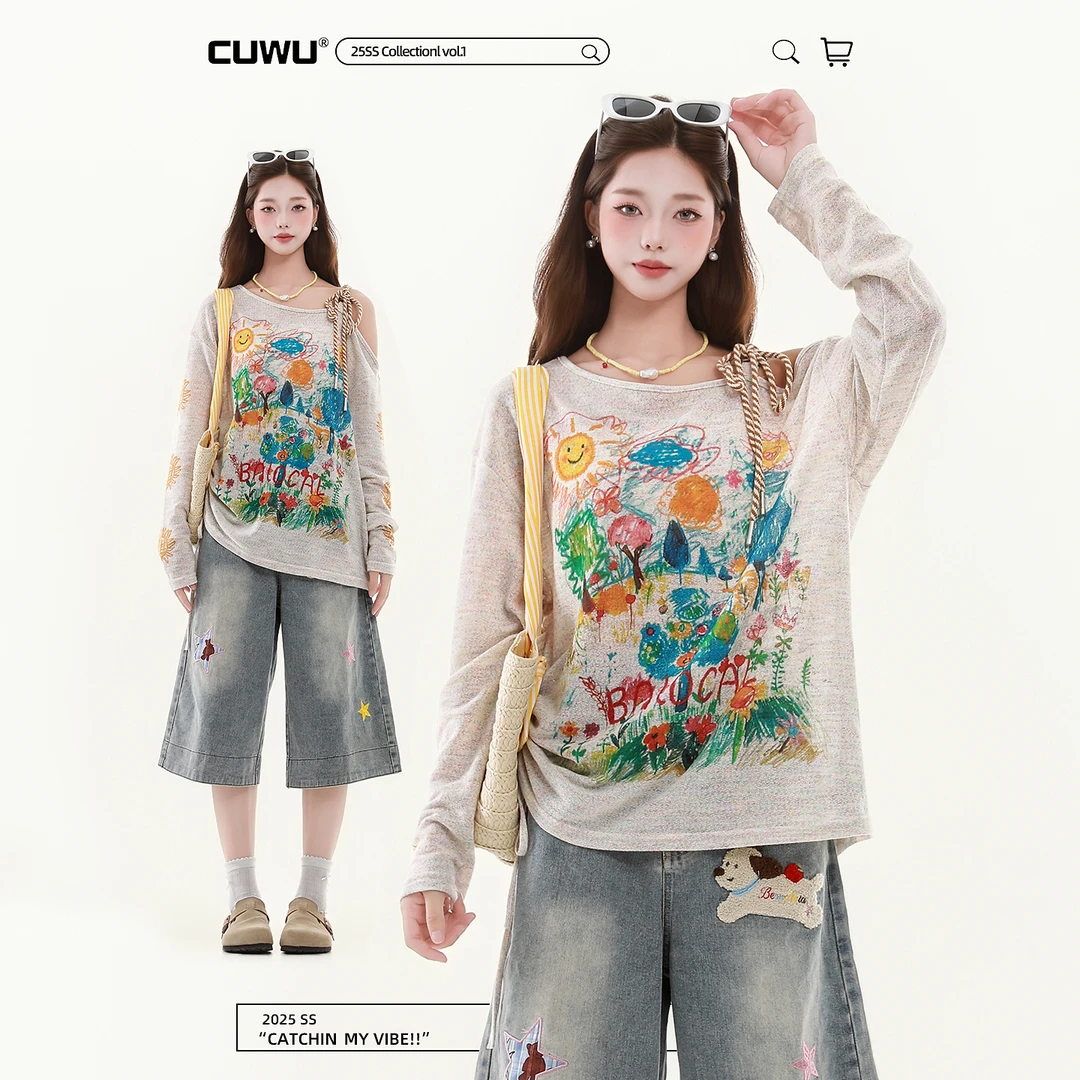 cuwu复古手绘彩色涂鸦长袖T恤女款秋季宽松抽褶防晒罩衫斜肩上衣