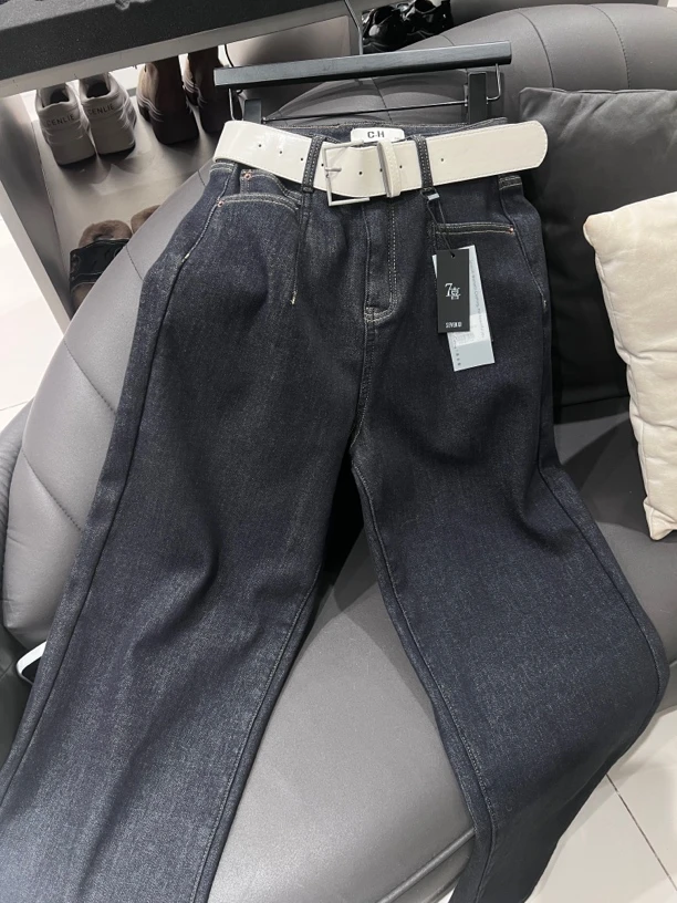 植绒牛仔裤直筒裤