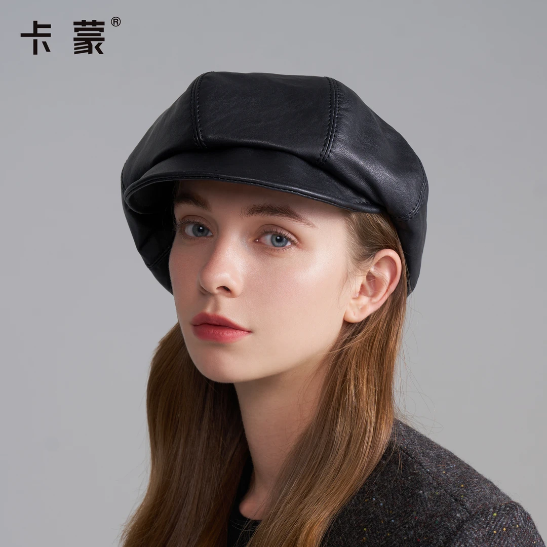 卡蒙雾面羊皮贝雷帽秋冬女款2025新款大头围显脸小褶皱云朵前进帽