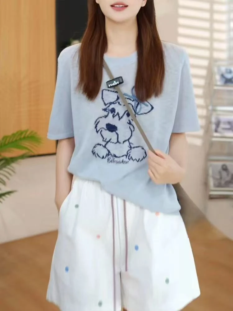 小狗提花蓝色针织短袖t恤女2025夏季新款高级感宽松圆领百搭上衣