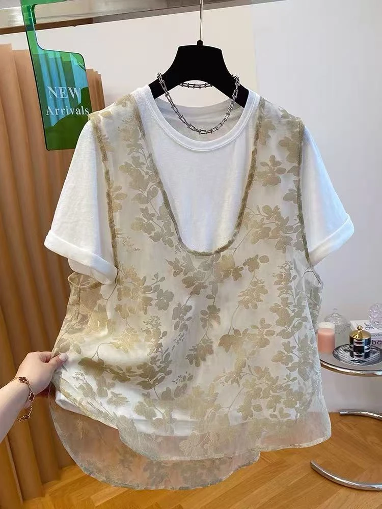 Y023 超好看时尚拼接提花马甲叠穿白色短袖T恤个性两件套上衣