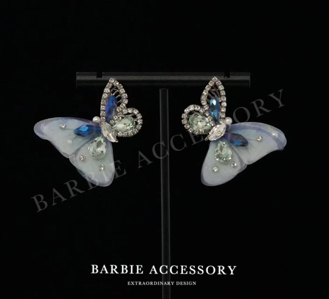 铜合金合成锆石耳饰 【蓝冰星蝶】法式既视设计款高级感绝美耳环